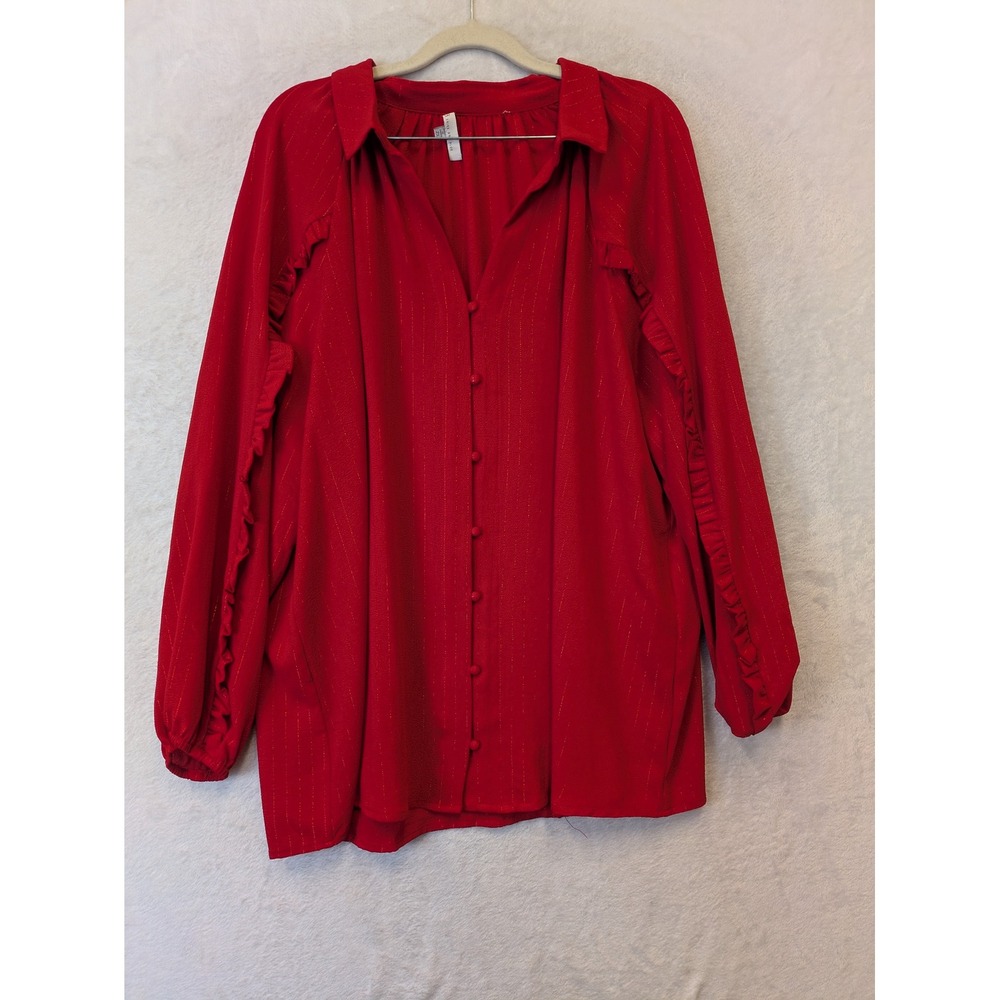 Skies Are Blue Red Metallic Pinstripe Ruffle Button Front Blouse Plus Size 2X